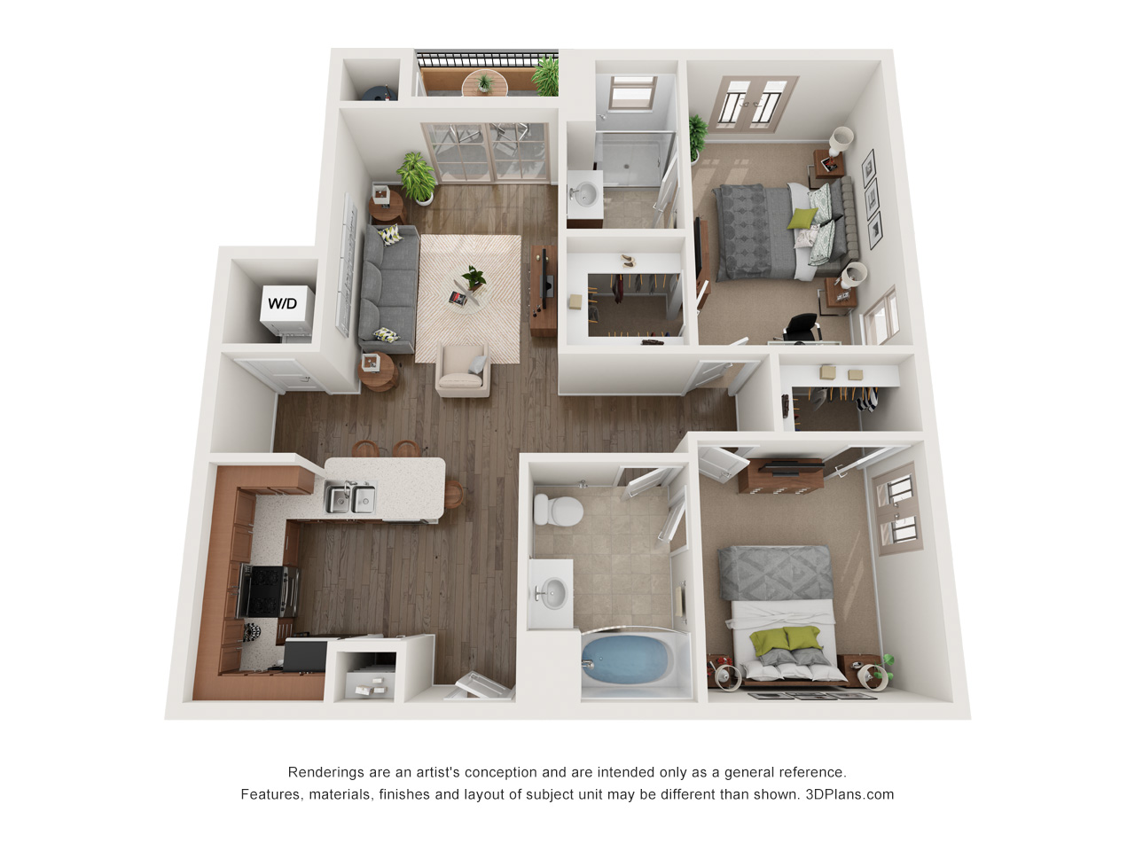 Floor plan for 2 beds, 2 baths, 1018 sqft